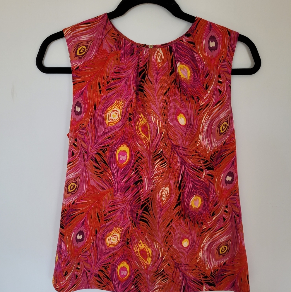 TORY BURCH Sleeveless Silk Blend Top Size 2 Pink Orange Peacock Lined Casual Lux